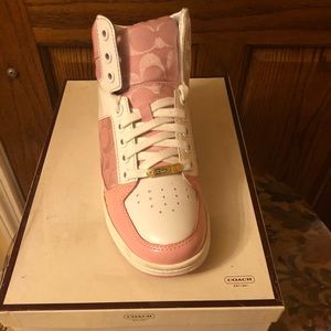 Pink and white high top coach sneakers